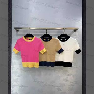 Designer Feminino feminino Primavera e verão Novo colorido e elegante estilo de alta grau Slim Fit Flender redond malhas de malha curta Mangas curtas