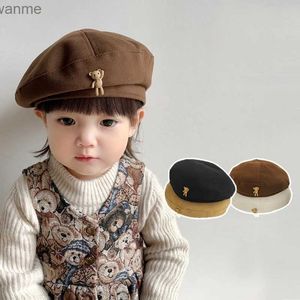 Caps Hats Korean childrens beret autumn warm wool bean hat boys and girls retro solid color Ins bear childrens artist painter hat WX