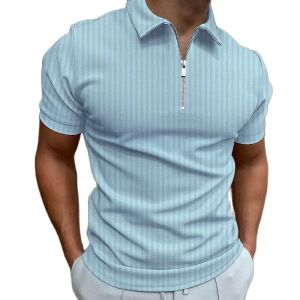 Men's Polos Fashion Polo Shirts Summer Stripe Zipper Mens Polo Shirt Solid T-Shirt Brand Short-Sleeved Shirt Casual Slim Tops