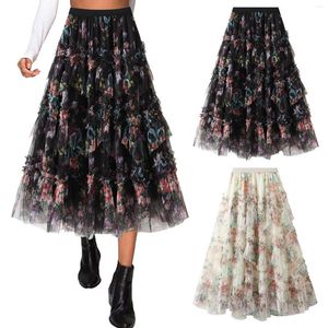 Skirts For Women Mid Length Skirt Dance Party A Line Flowers Prints Mesh Holiday Shirt Extender Mini