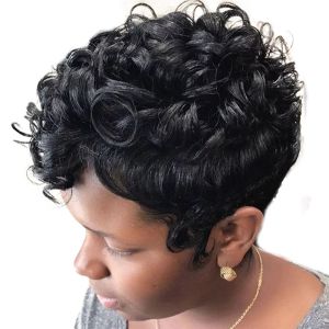 黒人女性のための短い巻き毛の人間の髪のかつらをカットカットヒューマンヘアウィッグアフリカ系アメリカ人のための無糖