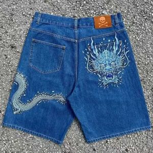 Erkek Şort Harajuku Dragon Pattern Mens Shorts Instagram Gotik Sokak Giyim Erkekler Gevşek Kırışın Denim Şort2405