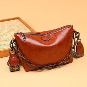 Drawstring Vintage Oil Wax Leather Shoulder Crossbody Bags For Women 2024 Designer Chains Handbag Luxury Soft Female Messenger Tote Sac
