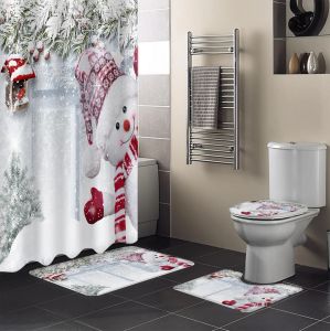 Curtains Christmas Winter Snow Scene Snowman Shower Curtain NonSlip Rugs Toilet Lid Cover and Bath Mat Bathroom Curtains with Hooks