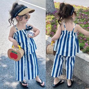 Zestawy odzieży 2PC/set dziewczyna Suszone Mody Suits Girls Pasped kantar Top dziewięć minut szerokopasmowych spodni dwuczęściowy set plaża w stylu wypoczynkowym