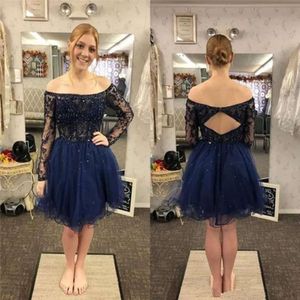 Navy Blue Prom 2021 Short Dresses Sexy Hollow Back Tulle Sequins Beaded Off The Shoulder Mini Tail Party Gown Formal Evening Wear Vestid