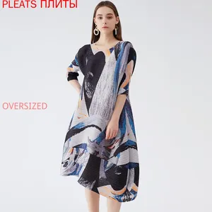 Partykleider Miyake gedruckt runden Nacken Plisöses Kleid mittelschärmelose große Schwangerfeen elegant elegant