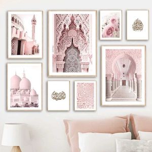 Papéis de parede Islâmico Arte de parede de parede Poster Pintura e impressão muçulmana Quote Mosquita Marrocos Porta rosa Rosa Decoração de sala de estar J240505