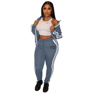 Womens Two Piece Pants Womens track and field clothing 2piece set sportswear zippered Vneck long sleeved pink letter striped printed pants set zippered jacket top s