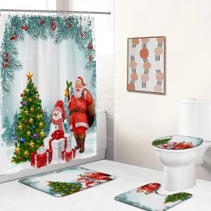 Vorhänge Weihnachtsduschenvorhänge Set Santa Claus Snowman Weihnachtsbaumzeder Neujahr Badezimmerdekor nicht Slip Teppich Bad Matte Toilette Deckel Cover