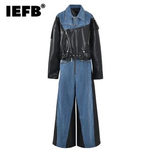 IEFB Trendy Mens Set Niche Design Twopiece Patchwork Suit Denim Leather Short Jacket Straight Jeans 9C2563 240428