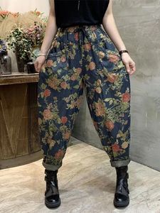 Jeans femininos Vintage Floral Print Troushers 2024 Summer Fashion Artlewear Feminino Causal Lazer Loja Classic Jeans Harém Pontas Senhoras