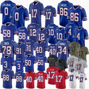 Josh Allen Matt Milano Jersey de futebol von Miller Dalton Kincaid Kelly Dawson Knox Hamlin Keon Coleman Curtis Samuel Shakir Bruce Smith Johnson Thurman Thomas