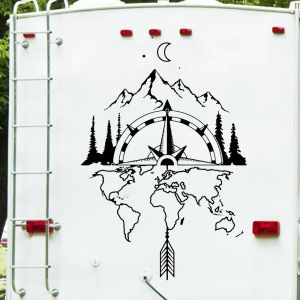 Klistermärken Världskarta Compass Camper RV Wall Sticker Travel Mountain Moon Forest Arrow Motorhome SUV Adventure Wall Decal Camping Vinyl