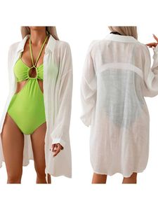 Women Beach Wear Wearn S Long Beach Coverp Up Solid Color Swim Cover acima da lapela Botão de maiô Coverp biquíni de biquíni para roupas de banho Y240504