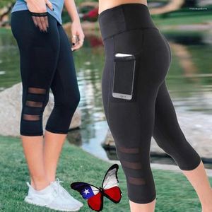 Yoga roupas calças de bezerro Capri Pant Sport Leggings Women Fitness Gym High Cídhar Legging Girl Mesh preto 3/4