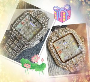 Automatisk datum Iced Out Men 3 Stiches Titta på Full Diamonds Ring Quartz Battery Square Roman Tank Calendar Clock Importerad Crystal Mirror Chain Wristwatch Gifts