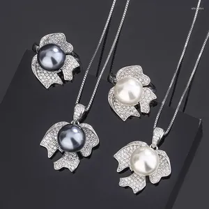 Necklace Earrings Set Mirco Pave Zircon Leaf Design 12mm White Gray Shell Pearl Pendant Adjustable Ring Jewelry For Women