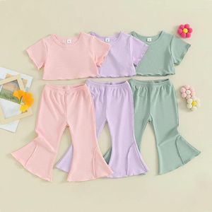 Наборы одежды 1-5 лет Маленькие девочки Летние брюки набора сплошного цвета ребристые футболки с коротким рукавом с рукавами