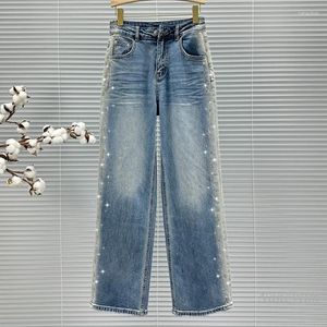 Women's Jeans INS Letter Rhinestone 2024 Spring And Summer Clothing High Waist Loose All-Match Wide Leg Pants Trousers