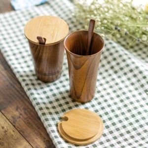 Mugs Simple Life Japanese Style Creative Wooden Cup Milk Coffee Mug Tea Water Bottle Spoon With Lid 250ml