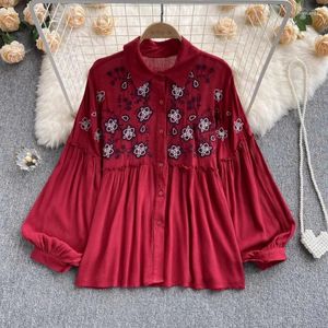 Women's Blouses Hikigawa Chic Fashion Women Vintage Heavy Floral Embroidery Shirts National Style All Match Loose Puff Sleeve Blouse Tops