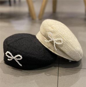 BERETS 2022 HAT女性秋と冬のかわいい弓ベレットファッションオールマッチパール装飾絵画ホームレディースシンプルなカジュアル6781123