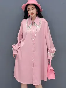 Women's Blouses Qing Mo 2024 Spring/Summer Pink Dress Shirt Tassel Long Loose Lantern Sleeve Women Wear HLX038A