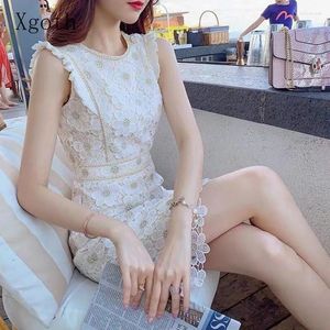 カジュアルドレスXgoth Luxury Dress Seveless Lace Summer o-Neck Temperamament Rap Hip Skirt Korean Style Mediual Length Trendy Colith