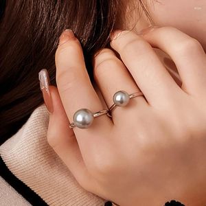 Cluster Rings Minimalist Grey Round Imitation Pearl Ring For Women Elegant Temperament Geometric Finger Accessories Fashion Jewelry Gift