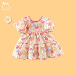 Klänningar tecknad färgglada flickor klänningar puff ärmar sommar barnkläder söt kanin småbarn barndräkt för 0 till 3 år gammal