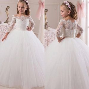 Nova chegada Princesa White Lace Flower Girls Dress para casamento de manga longa personalizada 2017 China Made Girls Formal Holly Communion Dress PA 345O