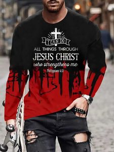Camisetas masculinas Padrão de carta cristã Jesus camiseta vintage Mens Long Slve Crew pescoço 3D T-shirt esportes de grandes dimensões roupas masculinas T240505