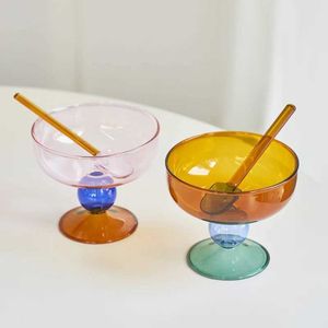 Tumblers Colorful Glass Bowl Icecream for Yoghurt Cute Japanese Tableware Soup Fruit Spoon H240506