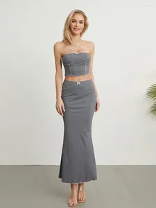 İş Elbiseleri Kadın 2 Parça Etek Seti Zarif Yay Straplez Sırtsız Tüp Top Bandeau Bodycon Midi Yaz Kıyafetleri Partisi Y2K 00S