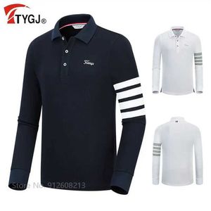 Men's T-Shirts TTYGJ Men Breathable Shirt Stripe Long-slve T-shirt Man Casual Turn-down Collar Sport Tops Soft Polo Shirts for Male Y240506