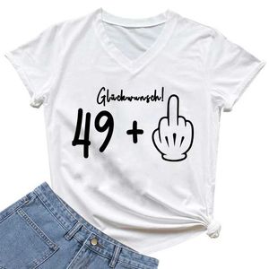 Damen T-Shirt Womens 49 Plus Middle Finger Grafik T-Shirt Geburtstag Geschenk T-Shirt V-Ausschnitt Top Y2K Street Kleidung Korean Kurzarm T-Shirt Womensl2405