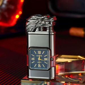 Double Flame Dragon Lighter Quartz Dial Visible Window Refillable Butange Gas Unfilled Windproof Lighter