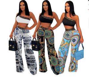 Royal Tracksuits gold Baroque Printed Jogger 2 Piece Set Women Off Shoulder Sleeveless Crop Top and Skinny Pant Suits 2024 Summer Sexy Club Outfits