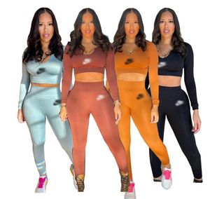 Frühlingssportmarke Outfits Frauen Tracksuiten Designer Feste Farbe Slim Yoga Jogginghosen Anzüge v Hals sexy niedrige Brust Zwei -Stück -Matching Set