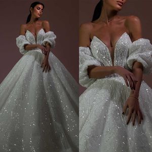 Sparkly Strapless Wedding Dresses Sequins Bridal Gowns A Line Deep V Neck Shiny Glitter Custom Made Bride Dress Vestidos De Novia