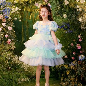 Rainbow Flower Girls Sukienki na wesela Paleśnięcia koronkowe tiul perły bez pleców księżniczki Dzieci ślubne sukienki urodzinowe