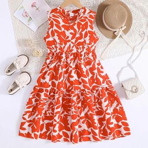 Girl Dresses Fashion for 8-12ys Kids Outfit Summer Vintage Orange Retro Retro Stampare carino Floral Daily Casual Vacilla