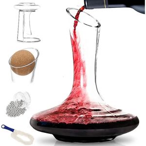 BTaT XL Decanter with Drying Stand and Stopper 60 oz 1800ml Brush Beads Hand Blown Crystal Glass Wine 240429