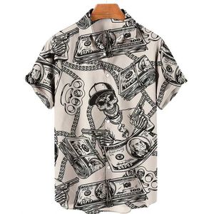 Męskie koszule w stylu vintage Skull Dollar Graphic koszule dla mężczyzn ubrania punkowe luksusowe bluzki w wysokości 3D zabawne hawajskie topy męskie koszule plażowe Y240506