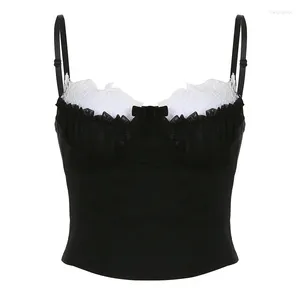 Kvinnors tankar 2024 chic mode rem spets lappad frill y2k topp camisole sydd ruffles bow sommar beskuren bustier kontrastfärg