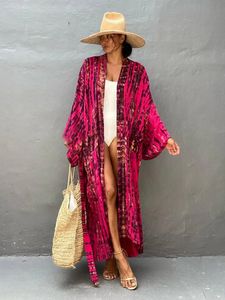 Boho Stripe Tie Dye Dye Swimsuit 벨트 튜닉 Sarong 카디건 드레스 여성 비키니 커버 업 비치 마모 Kimono Pareo240416