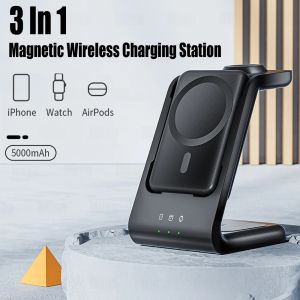 Cases 3 In 1 Magnetic Wireless Charger Station 5000mAh Power Bank MacSafe External Auxiliary Battery For iPhone 14 13 12 Apple Watch