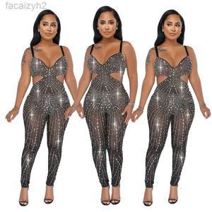 Women's Two Piece Pants nightclub women's new new hot drill mesh sexy suspender Jumpsuit size plus sexy Sets