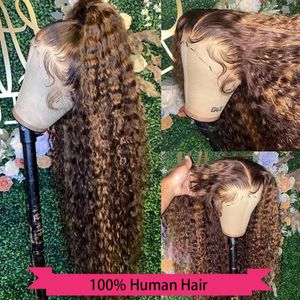 HD Glueless 30 Inch Highlight Wig Human Hair Deep Curly Ombre Brown Lace Front Wig 13x4 Water Wave Transparent Lace Frontal Wig 240429